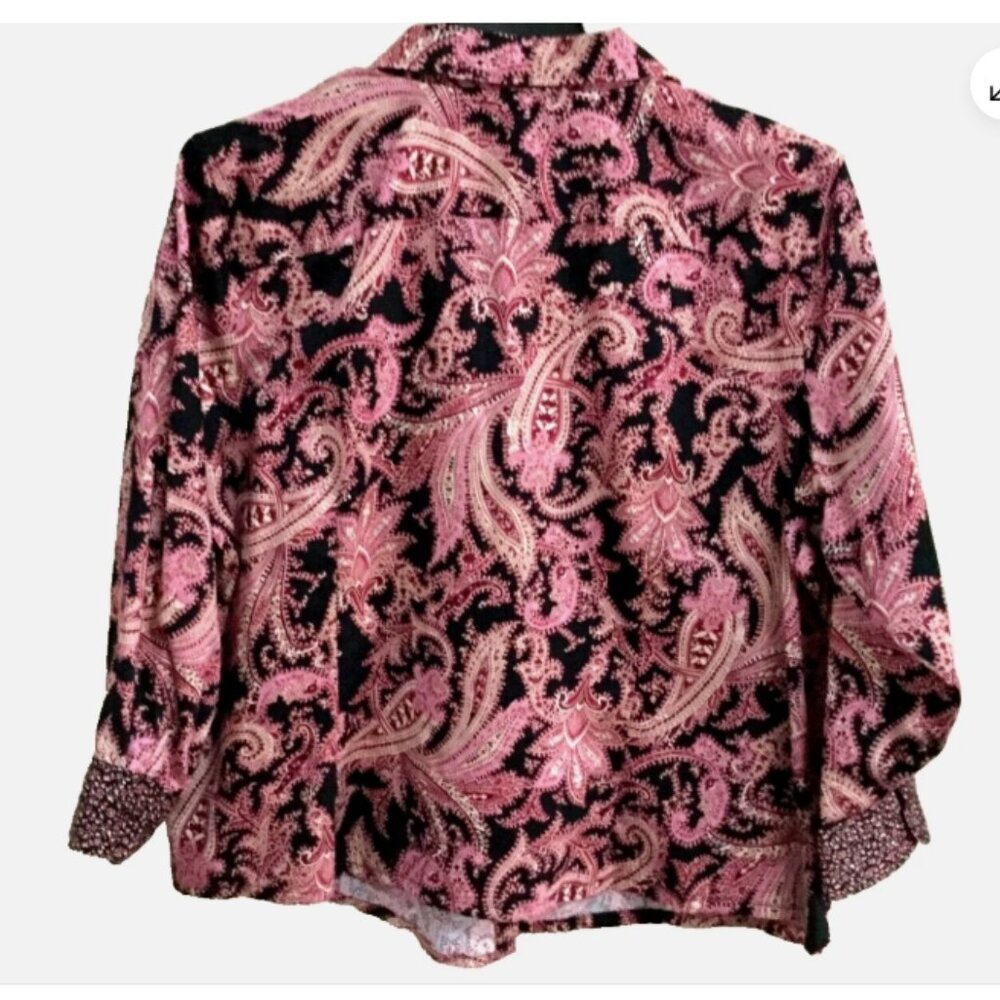 CHAPS Women Plus Size 1X Blouse Shirt Top No Iron Button Pink Burgundy Black - Picture 2 of 4